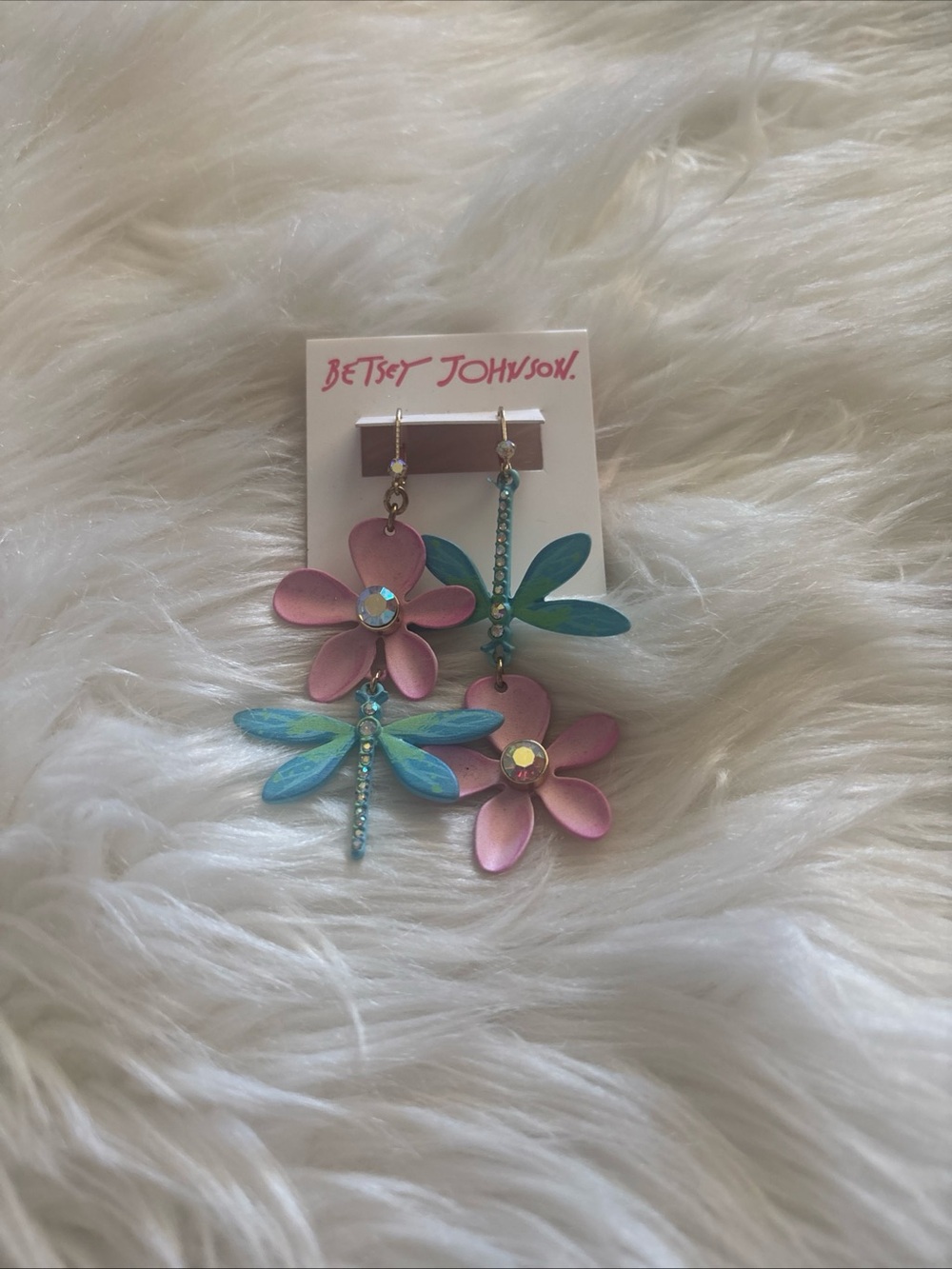 Betsey Johnson Pink & Teal Flower Drop Earrings.